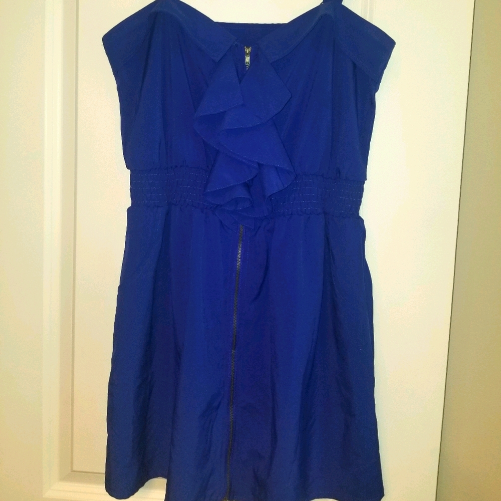 Blue Summer Dress Zippered Ruffled front